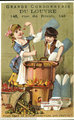 Nyílt láng fölé helyezett üstben lekvárt főző gyerekeket a 19. század végi plakáton