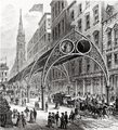 Rufus Henry Gilbert 1870-ben készített terve a hét méterrel az utcák fölött megépítendő vasútról 