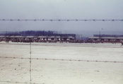 A buchenwaldi koncentrációs tábor túlélői gyülekeznek a barakkok melllett a tábor felszabadítását követően