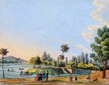 A séták kedvelt célpontja a szigetekkel tűzdelt tó környéke volt, ahonnan akkoriban még látható volt a budai panoráma. A képen csónakázók a Drót-szigetnél (Carl Schwindt: Zwölf Monate in Pesth, 1837 körül)