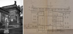 Az épület kívülről az 1950-es évek végén, jobbra pedig az 1958-ban kialakított szobrászati műtermek tervrajzának részlete (Sándor György felvétele, Fortepan / FSZEK Budapest Gyűjtemény és Fővárosi Levéltár)