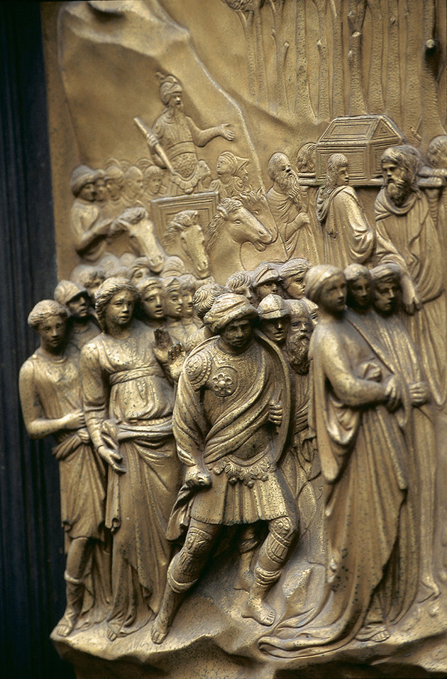 A Paradicsom Kapuja néven ismert bronzpaneles ajtó a firenzei Szent János-keresztelőkápolnában, alkotója Lorenzo Ghiberti (1378-1455).. A jelenetben Józsué kíséri harci szekerén a frigyládát.