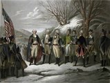 George Washington (b) tisztjeivel, köztük De Kalbbal, Von Steubennel, Pułaskival, a szintén lengyel Kosciuszkóval, Lafayette-tel és Muhlenberggel a függetlenségi háború idején