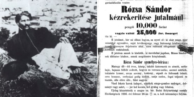 Rózsa Sándor, a kufsteini vár rabja (b.) és a fejére kitűzött vérdíj (j.)