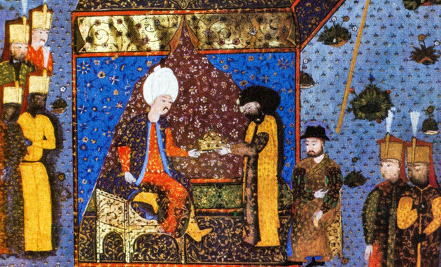 I. Szulejmán visszaadja a koronát Szapolyai Jánosnak (török miniatúra)