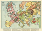 Brit térkép az első világháború politikai erőviszonyairól: a brit bulldog a német kutya orrába harap, míg a hozzá kötözött 