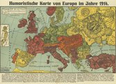 Német térkép az első világháború elejéről: a két központi hatalom, Ausztria-Magyarország és Németország szemmel láthatólag elemében van, míg az antant tagjainak ökölcsapásokkal kell szembenézniük