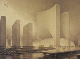 Az East Riverre 1946-ban megálmodott X-City terve, többek között helikoptereknek és kisebb repülőknek fenntartott leszállópályával, koncertteremmel és ívelt felhőkarcolókkal 