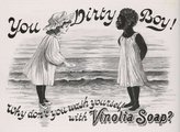 „Te rosszfiú [koszos fiú]! Miért nem mosdasz meg a Vinolia szappannal?” – tette fel a kérdést a fehér kislány egy Coelho-idézet háttere előtt
