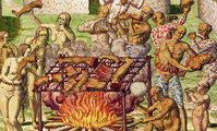 Theodore de Bry ábrázolása a dél-amerikai törzsek által gyakorolt kannibalizmusról, 1592-ből