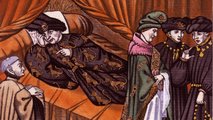 VI. Károly francia király az ágyán fekve társalog tanácsadóival