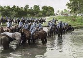 A kék uniformisba öltözött francia lovasok Les Hauts-de-Chée falu mellett kelnek át a folyón 1916 nyarán
