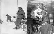 Balra: Mawson pihen a szán oldalának dőlve, jobbra: C.T. Madigan jégmaszkja