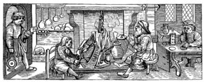Tipikus középkori konyha egy fametszeten