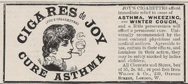 19. századi angol cigarettahirdetés, amely az asztma kezelésére ajánlja a dohányzást