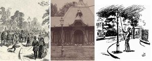 A fővárosi utcákon ezerszám látható, jellegzetes vasoszlopra helyezett gázlámpa a zsúfolt Stefániát ábrázoló rajzon (baloldali kép), középen ugyanilyen gázlámpa az ideiglenes jégpálya korcsolyacsarnokának épületét ábrázoló, az 1890-es években készült fotón, jobbra pedig a fővárosi utcák jellegzetes alakja, a lámpagyújtogató (3)