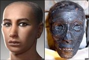 Tutanhamon digitális arcrekonstrukciója és a múmia feje. A világ leghíresebb múmiája nem tartozik a legjobb állapotúak közé.