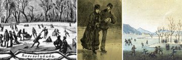Az első városligeti korcsolyázókat megörökítő, két szélső képen még csak férfiakat látunk korcsolyával a lábukon, akik szánkótalppal felszerelt székeken üldögélő hölgyeket tolnak maguk előtt. A középső, már egyenrangúan korcsolyázó párt ábrázoló kép 1884-ben jelent meg a Vasárnapi Újságban (4)