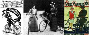 Lenge öltözetben bicikliző hölgyet ábrázoló, provokatív kerékpárhirdetés a 20. század fordulójáról (balra), szolídan, a kor ízlésének megfelelően öltözött női kerékpárosok ugyanebből az időből (középen), és az 1920-as évek női és férfi túrakerékpáros divatja az első nagy sorozatban eladott magyar gyártmányú kétkerekű, a Csepel kerékpár reklámplakátján (6)