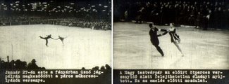 A képen a fekete-fehér diafilm feliratokkal ellátott képkockái: a páros műkorcsolyázás döntője a fényárban úszó városligeti műjégpályán (4)