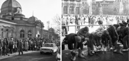 Sorbanállás a bejáratnál rendőri felügyelettel (balra), jobbra pedig szabadtéri korcsolyacsatolás 1983-ban, a városligeti pálya száz évvel korábbi eleganciájához képest méltatlan körülmények között (8)