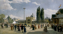 A kiváló festőművész, Nádler Róbert (1858 – 1938) a főváros felkérésére festette meg az 1885. évi országos kiállítás korzóját. A képen a szökőkúttól balra látható az új zenepavilon  (Wikipédia, részlet)