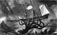 Hajóra támadó, polipként ábrázolt kraken egy metszeten