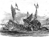 Evezős hajóra támadó, polipként ábrázolt kraken