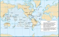 Nagyjából így képzelhette el Kolumbusz a világot. Barna szaggatott vonal jelöli Ázsia határait Kolumbusz elmélete szerint, míg feketével az első (1500-ban készült) térkép vonalai láthatók, amelyek már az újonnan felfedezett partokat ábrázolják