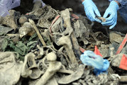 Törvényszéki szakértők vizsgálják a Liplje falu mellett talált tömegsírból kihantolt maradványokat (2005. június 8.)