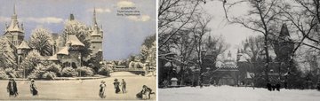 Balra egy különleges képeslap a 20. század elejéről: az előtérben látható alakok nem a megszokott helyen, a jégpályán korcsolyáznak, hanem a befagyott Városligeti tó vár mögötti részén. Így működött, a művészi szabadság jegyében, a korabeli photoshoppolás. A jobboldali felvétel 1937 havas telén készült