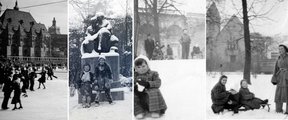 Vidáman táncoló párok a műjégpályán 1938-ban (balra), a többi képen pedig amatőr felvételek a tél örömeit szüleikkel élvező, szánkózó, hógolyózó gyerekekről az 1930-as évektől az 1950-es évekig