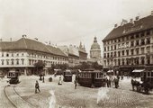 Deák Ferenc tér, szemben a Bajcsy-Zsilinszky út (Váci körút), háttérben a Szent István bazilika, 1904