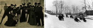 Vidám jelenet a jégpályáról, 1896-ból (balra), a jobboldali képen pedig az állatkerti ródlipályán élvezettel lesikló hölgyek és urak az 1910-es években (6)