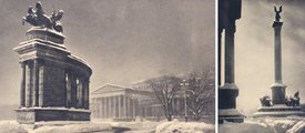 Szép példája a szobrokról készült téli képes levelezőlapoknak a behavazott Millenniumi emlékművet és a Hősök terét ábrázoló képpár az 1920-as évekből (2)