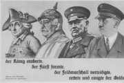 „Amit a király elfoglalt, azt a fejedelem formálta, a tábornagy megvédte, a katona megmentette és egyesítette” – Nagy Frigyes, Bismarck, Hindenburg és Hitler egymás örököseiként ábrázolva egy náci képeslapon (kép forrása: garethjones.com)
