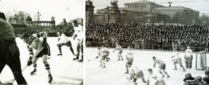 A kanadai Kimberley Dynamiters jégkorongcsapat vendégjátéka a magyar válogatott ellen 1937. január 10-én a városligeti tavon. A nézők, hasonlóan a műkorcsolyázáshoz, közvetlenül a pálya mellett felállított tribünökről figyelik a mérkőzést (Fortepan / Császy Alice)