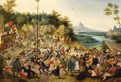Parasztok táncolnak a májusfa körül ifj. Pieter Brueghel festményén (kép forrása: merryfarmer.wordpress.com)