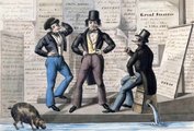 Az 1840-es évek divatjának megfelelően öltözött férfiak és egy szabadon kószáló disznó New Yorkban Nicolino Calyo festményén (kép forrása: ephemeralnewyork.wordpress.com)