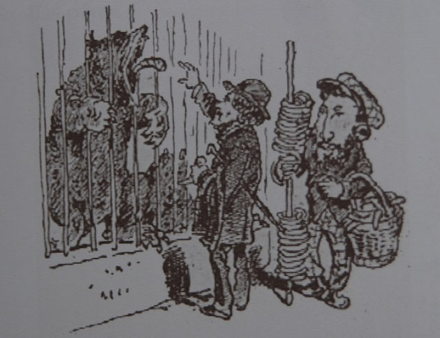 A karikaturista a Kristóf medvét etető Deák Ferenc mellé, állatkerti perecárusnak odarajzolta Dóczy (Dux) Lajos bárót, aki hírlapi cikkekben lelkes védője volt Deák politikájának. (Bolond Istók, 1879. október)