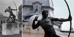 Kisfaludi erőteljes, szuggesztív szobrát a francia Bourdelle Íjazó Herkules című műve ihlette (a baloldalon Fortepan / Eperjesi Gyula, 1952, jobbra Vajszada Károly felvétele, 1967, Fortepan / Zsanda Zsolt)