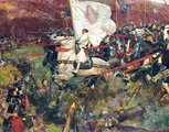 Jeanne d'Arc rohamra vezeti a francia nehézlovasságot az angol íjászok ellen Patay-nél, Orléans felszabadítását követően Frank Craig 1907-es festményén (kép forrása: nationalgeographic.com)