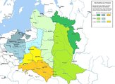 Három szín (zöld, sárga és kék) árnyalataival, időrendi sorrendben a sötéttől a világos felé haladva az Oroszországhoz, Ausztriához és Poroszországhoz kerülő lengyel területek (kép forrása: Pinterest)