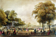Kirándulók a ligeti vendéglő környékén az 1840-es években, a háttérben a tóval (Rudolf von Alt: Festői megtekintések Budára és Pestre, 1845, Élet a régi Városligetben, 2013)