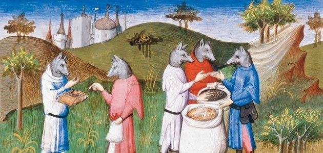 Farkasfejű embereket ábrázoló illusztráció Az egymillió 1412-es, francia nyelvű kiadásából