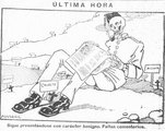 „A legfrisebb hírek – Továbbra is mutatkozzanak jóhiszeműen! Kerüljék a temetőket!” A „nápolyi katona” ábrázolása egy spanyol karikatúrán (kép forrása: Wikimedia Commons)
