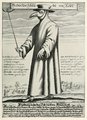 „A római Csőr doktor” ábrázolása 1656-ból. Az úgynevezett  „pestisdoktorok” dolga főleg a lezárt városrészek lakosságának számontartása, és nem a betegség gyógyítása volt (kép forrása: Wikimedia Commons)