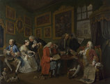 A kötendő házasság megbeszélése a két család között William Hogarth 1743 körüli festményén (kép forrása: Wikimedia Commons)