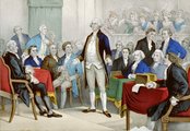 Washington elfogadja a hadsereg vezetését a Kontinentális Kongresszus megbízásából, 1775. június 15. (kép forrása: Wikimedia Commons)