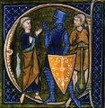 A pap, a lovag és a paraszt, mint a társadalmi osztályok jelképei egy középkori iniciálén (kép forrása: Wikimedia Commons)